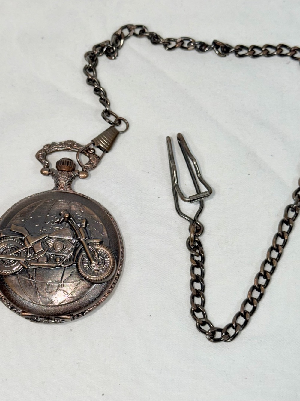 Vintage Bronze Motorcycle Pocket Watch Quartz Relief Bike Fob Chain Biker Gift